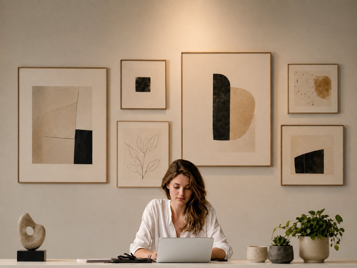 Wnętrze po art brandingu – autorska galeria grafik, ciepłe światło i zieleń